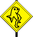 a fish with legs on a yield sign
